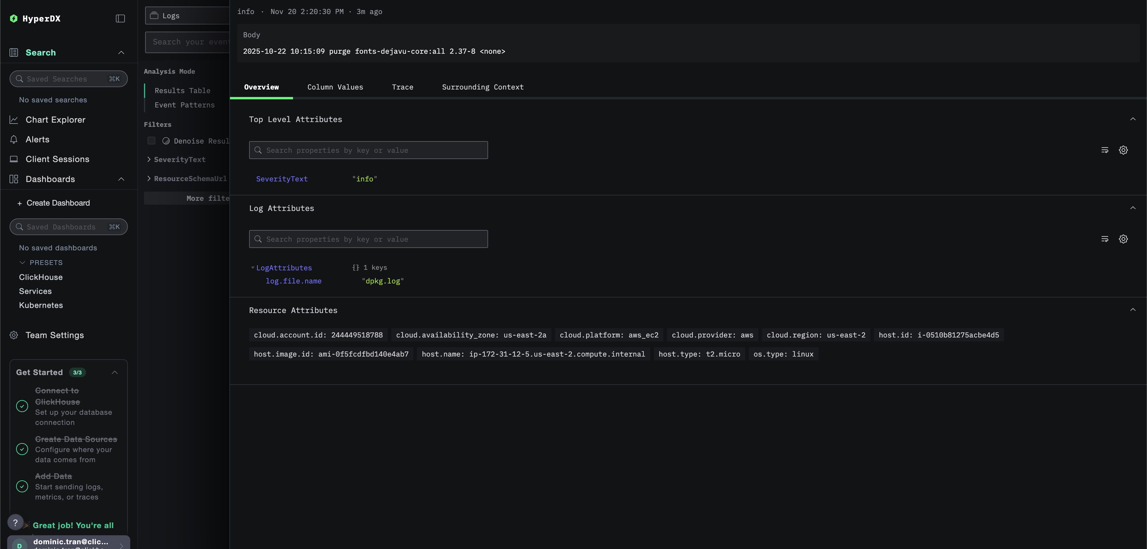 EC2 log detail showing metadata